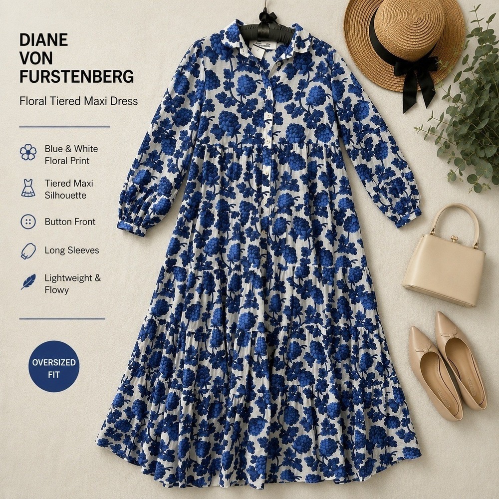 Diane von Furstenberg Silk Blend Maxi Shirt Dress M Tiered Blue White Floral DVF
